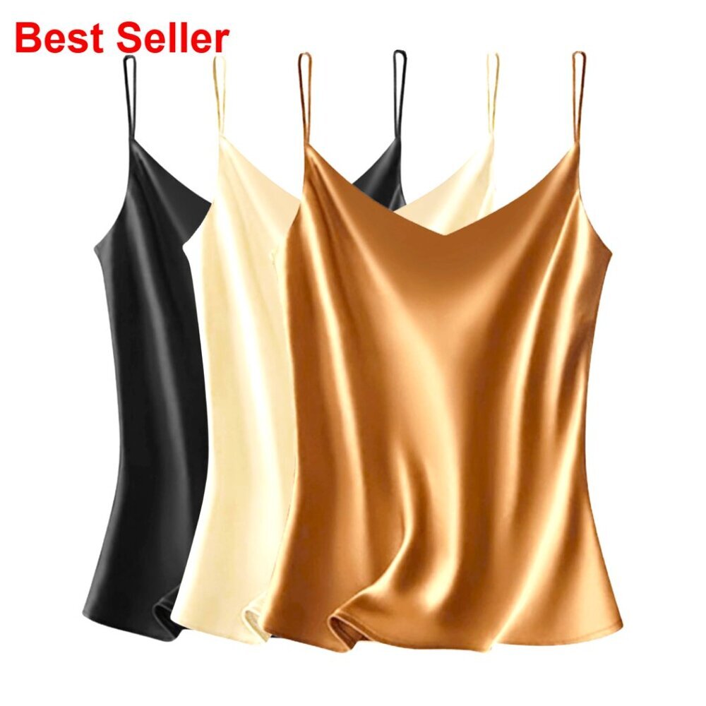 Satin V-Neck Camisole with Adjustable Spaghetti Straps, Loose Fit